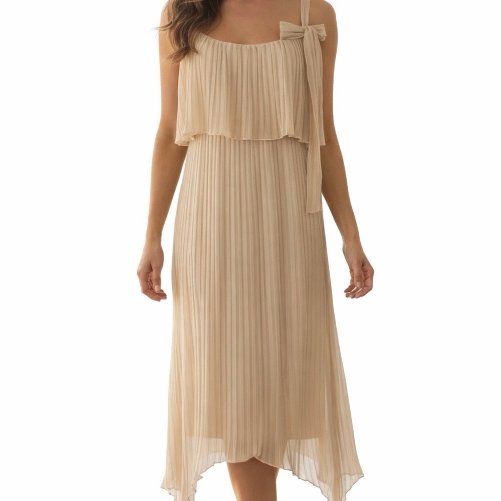 Vintage Nude Accordion-Pleated Chiffon Dress Sz 8 Wedding Guest Minimalist Chic